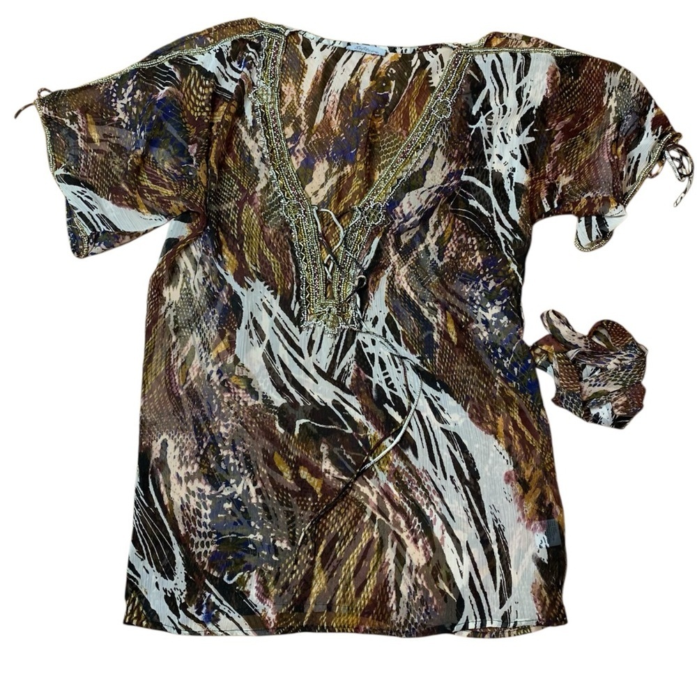 Solitaire Boho Beaded Animal Print Tunic Top Kaftan Large